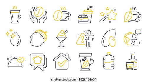 Set of Food and drink icons, such as Mint leaves, Water drop, Romantic dinner symbols. Ice cream, Cooking hat, Mint tea signs. Coffee cup, Acorn, Whiskey glass. Coffee, Peanut, Latte. Vector