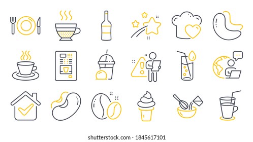 Set of Food and drink icons, such as Cashew nut, Cooking whisk, Food symbols. Water glass, Beans, Coffee beans signs. Coffee vending, Ice cream, Cocktail. Wine, Love cooking, Cafe creme. Vector