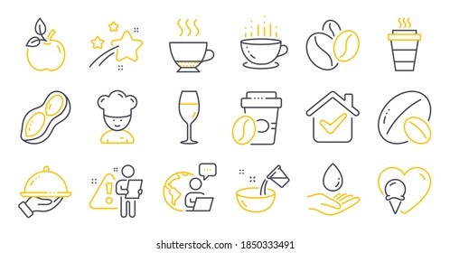 Set of Food and drink icons, such as Soy nut, Takeaway, Takeaway coffee symbols. Wineglass, Coffee beans, Ice cream signs. Water care, Eco food, Cooking chef. Restaurant food, Peanut. Vector