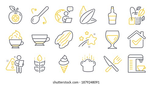 Set of Food and drink icons, such as Coffee machine, Pecan nut, Wine glass symbols. Cappuccino cream, Ice cream, Food signs. Mint bag, Gluten free, Americano. Medical food, Cooking spoon. Vector