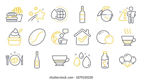 Set of Food and drink icons, such as Bombon coffee, Ice cream, Brandy bottle symbols. Water bottle, Water drop, Coffee beans signs. Ice creams, Peas, Burger. Champagne, Romantic dinner. Vector