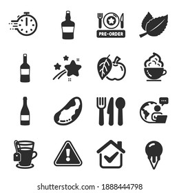 Set of Food and drink icons, such as Tea, Cooking timer, Wine symbols. Ice cream, Scotch bottle, Apple signs. Champagne bottle, Mint leaves, Food. Pre-order food, Brazil nut, Coffee cup. Vector