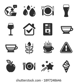 Set of Food and drink icons, such as Food, Coffee cup, Apple symbols. Restaurant food, Dry cappuccino, Water drop signs. Ice cream, Coffee vending, Gluten free. Bordeaux glass, Beer glass. Vector