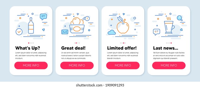 Set of Food and drink icons, such as Wine bottle, Ice cream, Apple symbols. Mobile app mockup banners. Latte line icons. Cabernet sauvignon, Sundae cup, Fruit. Tea glass mug. Wine bottle icons. Vector