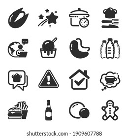 Set of Food and drink icons, such as Gingerbread man, Ice cream, Coffee cup symbols. Peas, Food, Pistachio nut signs. Cashew nut, Cooking hat, Boiling pan. Beer bottle, Water bottles. Vector