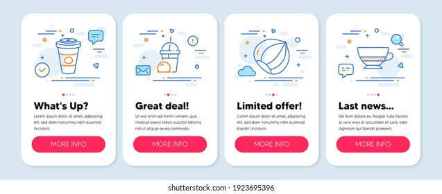 Set of Food and drink icons, such as Ice cream milkshake, Takeaway coffee, Hazelnut symbols. Mobile screen mockup banners. Bombon coffee line icons. Vector