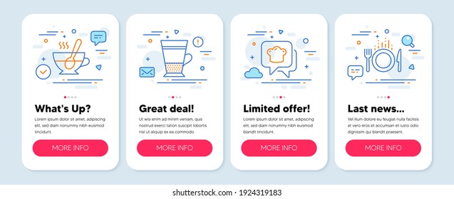 Set of Food and drink icons, such as Cooking hat, Double latte, Tea cup symbols. Mobile screen banners. Food line icons. Chef, Tea cup, Coffee with spoon. Cutlery. Cooking hat icons. Vector