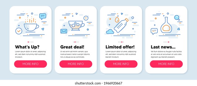 Set of Food and drink icons, such as Cold coffee, Coffee cup, Water bottle symbols. Mobile app mockup banners. Cognac bottle line icons. Ice cubes in beverage, Hot drink, Still drink. Vector