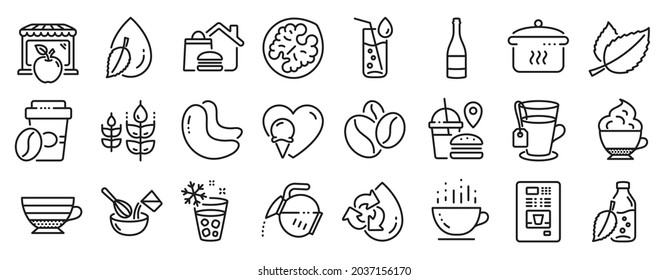 Set of Food and drink icons, such as Gluten free, Fast food, Recycle water icons. Cashew nut, Ice maker, Cooking whisk signs. Coffee pot, Water glass, Ice cream. Mint leaves, Walnut, Tea. Vector