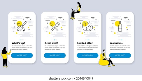 Icons für Speisen und Getränke, wie Kaffeebohnen, Cooking Whisk, Food Icons. UI-Telefon-App-Bildschirme mit Menschen. Weinflaschenlinien-Symbole. Geröstete Samen, Kutlerien, Cabernet-Sauvignon. Vektorgrafik