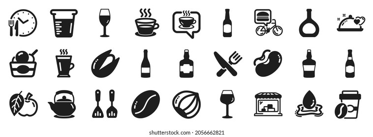 Set of Food and drink icons, such as Beer, Coffee cup, Wineglass icons. Takeaway coffee, Bordeaux glass, Beer bottle signs. Scotch bottle, Market, Beans. Apple, Ice cream, Water splash. Vector