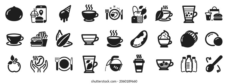 Set of Food and drink icons, such as Frappe, Coffee cup, Mint tea icons. Takeaway, Mint bag, Cappuccino signs. Cold coffee, Water bottles, Romantic dinner. Fast food, Eco food, Ice cream. Vector