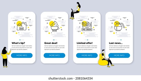 Set of Food and drink icons, such as Pre-order food, Cappuccino cream, Food delivery icons. UI phone app screens with people. Coffeepot line symbols. Vector