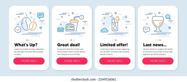 Set of Food and drink icons, such as Hamburger, Coffee beans, Water glass symbols. Mobile screen banners. Wine glass line icons. Burger with drink, Roasted seeds, Soda drink. Vector