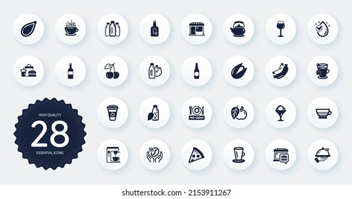 Set of Food and drink icons, such as Coffee, Apple and Takeaway coffee flat icons. Pre-order food, Bordeaux glass, Wine web elements. Restaurant food, Market, Water drop signs. Circle buttons. Vector