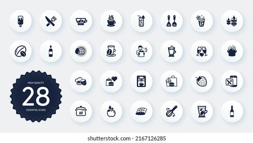 Set of Food and drink icons, such as Cooking hat, Water glass and Latte coffee flat icons. Ice cream, World water, Brandy bottle web elements. Boiling pan, Cooking whisk, Potato signs. Vector