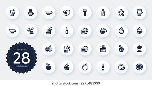 Set of Food and drink icons, such as Apple, Champagne bottle and Fast food flat icons. Coffee cup, Ice cream, Double latte web elements. Cappuccino cream, Walnut, Beer glass signs. Vector