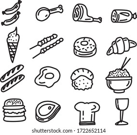 A Set of food and drink icons suitable for any food and beverages content with doodle cartoon style