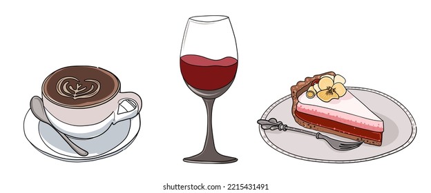 Set of food and drink illustrations with coffee cup, wine glass and dessert on the plate for card, menu, logo, stickers, flyer, label or print material.
