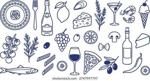 A set of food and drink illustrations on a transparent background, featuring a variety of culinary elements, including wine glasses, cheese wedges, seafood, and more, designed as a vector concept for use in restaurant menus, food blogs, or culinary advertising, with a clean and simple line art style.