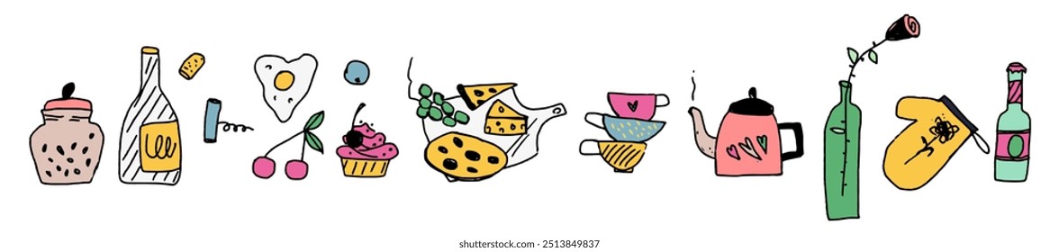 Set of food and drink, kitchen utensils, colorful culinary hand drawn illustrations on white background. Childish naive doodle design style, vector art.