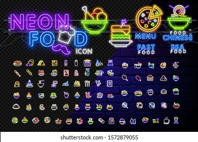 Set food and drink neon sign. Neon sign, bright signboard, light banner. Neon sign for fastfood restaurant, burger cafe or pizzeria design. Hamburger, hot dog and fries, cheeseburger, chicken, pizza