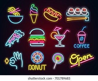 Set food and drink neon sign. Neon sign, bright signboard, light banner. Vector icons