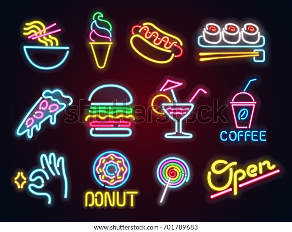 食べ物と飲み物のネオンサインをセット ネオンサイン 明るい看板 明るいバナー ベクター画像アイコン のベクター画像素材 ロイヤリティフリー
