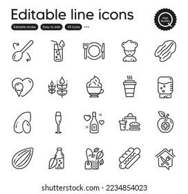 Set of Food and drink outline icons. Contains icons as Champagne glass, Restaurant food and Water glass elements. Water cooler, Mint bag, Hotdog web signs. Medical food, Cooking chef. Vector