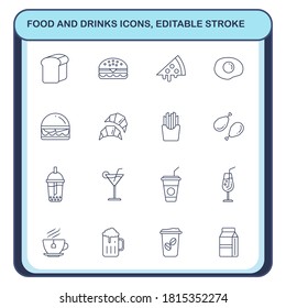 Set of food and drink outline icon.Sign and symbols of main course.Editable stroke.Concept simple line vector to use of cafe and canteen.People sitting in restaurant eating food.Vector Illustration.