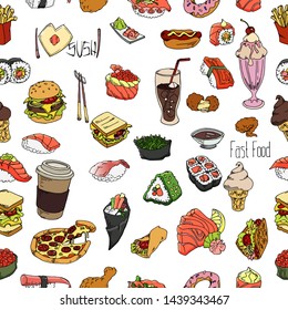 Set of food and drink outline seamless pattern. Hand drawn fast food and sushi. Vector illustration.