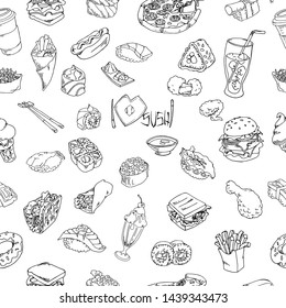 Set of food and drink outline seamless pattern. Hand drawn fast food and sushi. Vector illustration.