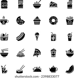 Set of Food And Drink Solid Icon Design Vector. juice, roll, salad, bar, coffee cup, popcorn, pizza, cupcake, taco, burger, cereal, french fries, smoothie, watermelon, ice cream, hot dog, milkshake
