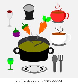 Set food, drink, soup, coffee, water, wine, plate, vegetable spoon on a white background.