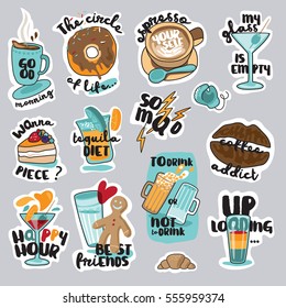 Set of food and drink stickers for social network. Funny stickers for mobile messages, chat, social media, online communication, networking, web design.