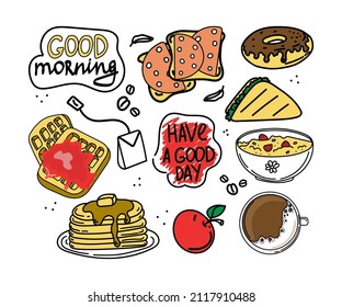 A set of food and drinks for breakfast. Hand-drawn doodle-style elements. Breakfast. Good Morning. Pancakes on a plate, waffles, porridge with berries and coffee. A simple vector in a doodle style. 