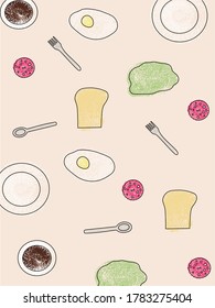 
a set of food and drinks, a disassembled burger.