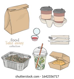 Set with food and drinks in a disposable package. Paper bag, coffee, lemonade, sandwich and Cutlery on a white background. Take-away food. Fast food delivery.