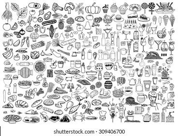 Set of food and drinks doodle on white background.