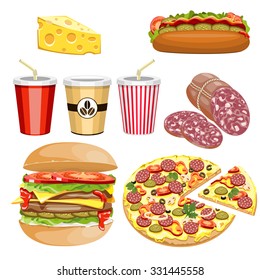 A set of food and drinks fast food on a white background.