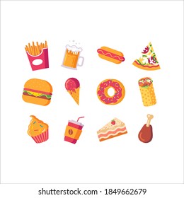 Set of food and drinks (french fries, beer, hot dog, pizza, burger, ice cream, donut, falafel, cupcake, coffee, cake, chicken).