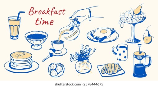 A set of food and drinks, hand-drawn with ink or a brush. Breakfast: coffee, tea, pancakes, scrambled eggs, fruit, croissant. Contour elements of menu design, poster, branding. Vector illustration.