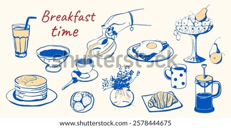 A set of food and drinks, hand-drawn with ink or a brush. Breakfast: coffee, tea, pancakes, scrambled eggs, fruit, croissant. Contour elements of menu design, poster, branding. Vector illustration.