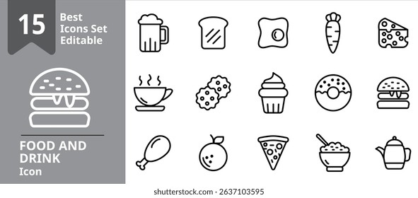 Set of Food And Drinks icons. Icons Contains beer, bread, egg, cupcake, rice, etc . Design elements for you projects.