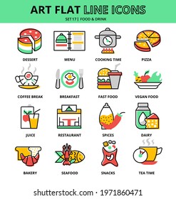 Set of Food and Drinks icons, flat line design vector illustration, for graphic and web design