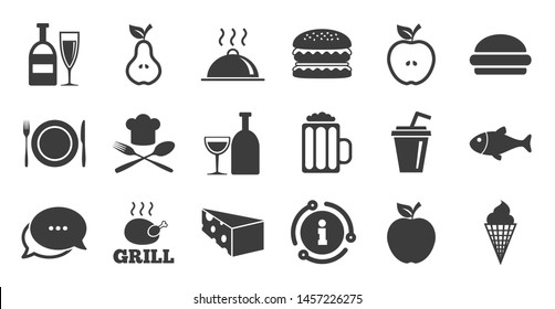 Set of Food and Drinks icons. Information, chat bubble icon. Restaurant meal, Wine and Cheese signs. Burger, Milkshake and Beer symbols. Quality set. Vector