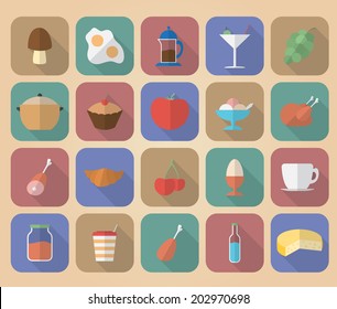 Set of food and drinks icons. Modern flat style with a long shadow.