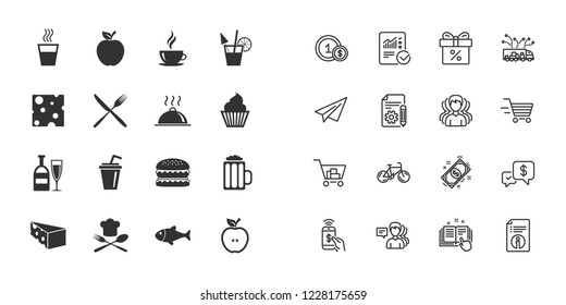 Set of Food and Drinks icons. Restaurant meal, Wine and Cheese signs. Burger, Coffee and Beer symbols. Paper plane, report and shopping cart icons. Group of people. Vector