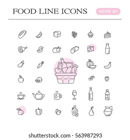 Set of food and drinks icons for restaurant, grocery store, commercial, mobile and web. Collection infographic logo and pictogram