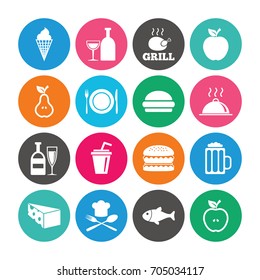 Set of Food and Drinks icons. Restaurant meal, Wine and Cheese signs. Burger, Milkshake and Beer symbols. Colored circle buttons with flat signs. Vector